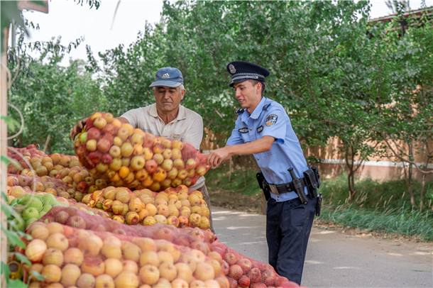 民警与果农合力搬运装满苹果的网袋。买买提艾则孜·吐拉买提 摄 民警与果农合力搬运装满苹果的网袋。买买提艾则孜·吐拉买提 摄